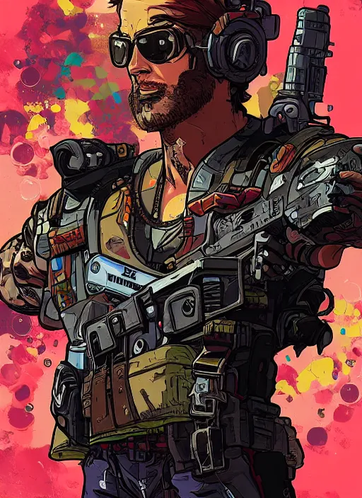 Image similar to vernon. buff cyberpunk mercenary. portrait illustration, pop art, splash painting, art by ashley wood, alphonse mucha, laurie greasley and josan gonzales ( apex legends )