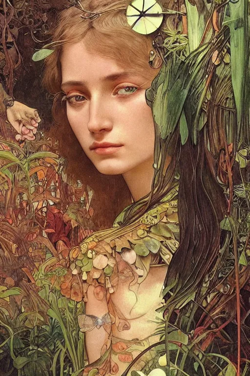 Image similar to realistic detailed portrait of bohemian girl in jungle by denis villeneuve, amano, yves tanguy, alphonse mucha, ernst haeckel, max ernst, roger dean, ridley scott, dynamic closeup