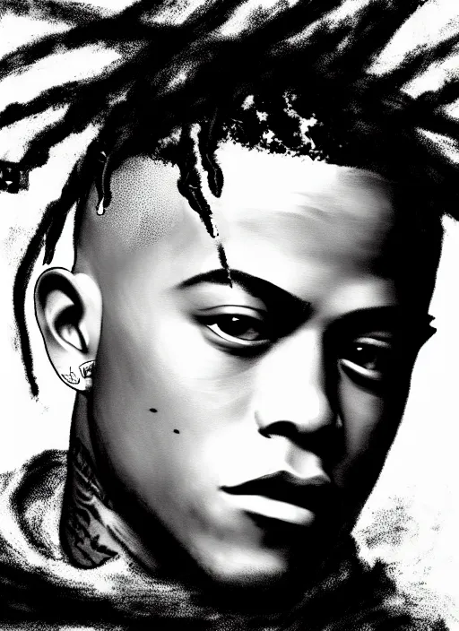 Prompt: highly detailed portrait of XXXTentacion by John Singer Sargent, 4k resolution, nier:automata inspired, bravely default inspired, vibrant but dreary but upflifting blue, black and white color scheme!!! ((Heaven background))