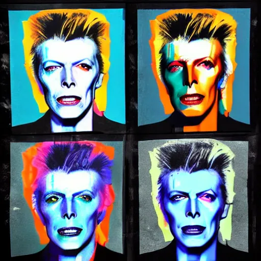 Prompt: Emotional pictures of David Bowie printed on 9 soup cans in the style of Andy Warhol , 8k, photorealistic imagery, trending on artstation, artstationHQ, artstationHD