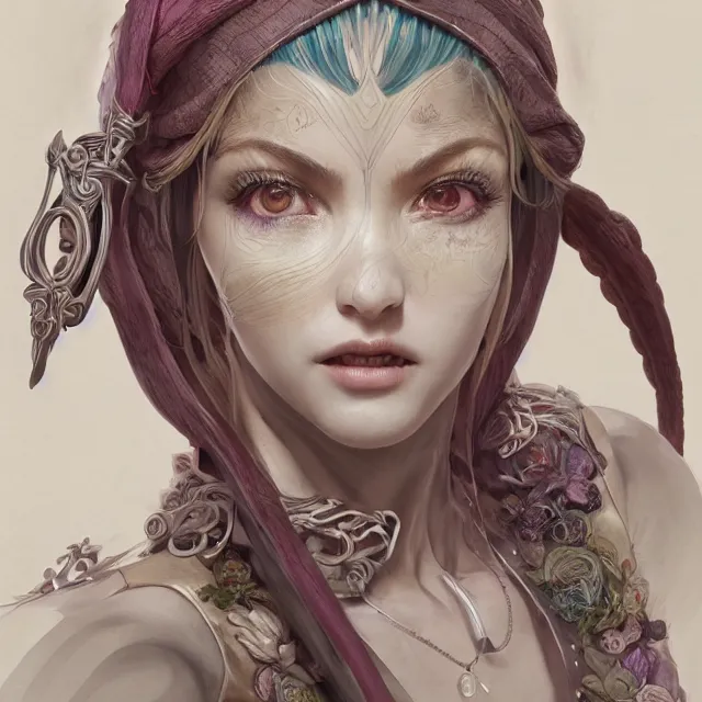 Prompt: studio portrait of neutral good colorful female cleric bard healer as absurdly beautiful, elegant, young skinny gravure idol, ultrafine hyperrealistic detailed face illustration by kim jung gi, irakli nadar, intricate linework, sharp focus, bright colors, matte, octopath traveler, final fantasy, unreal engine highly rendered, global illumination, radiant light, intricate environment