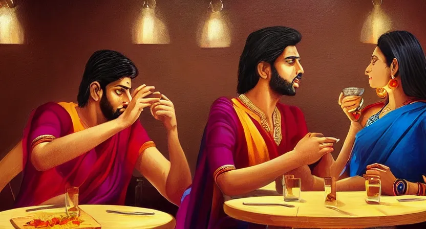 Image similar to a guy and girl on a date in a restaurant, saree, desi, art by salman toor. faithfully depicted facial expression, perfect anatomy, sharp focus, global illumination, radiant light, detailed and intricate environment, trending on artstation