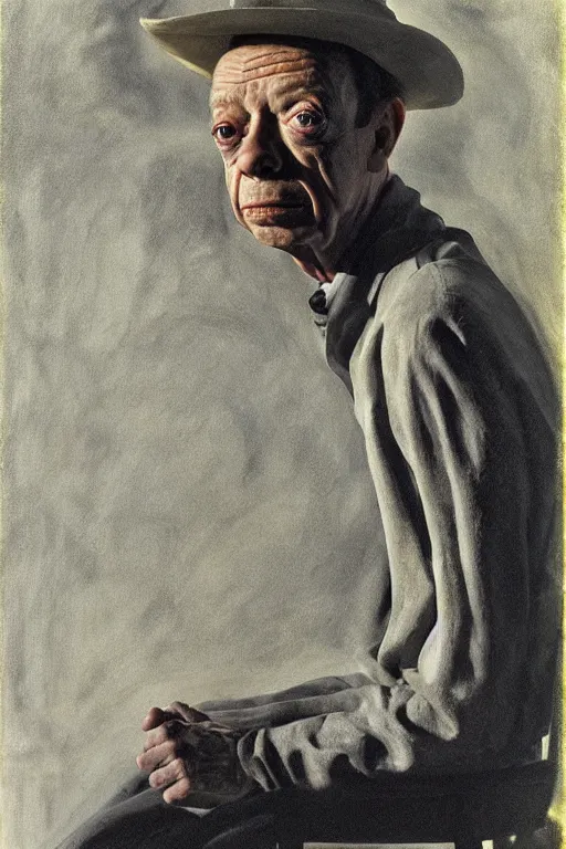 Image similar to portrait of don knotts sitting with full face full figure, in the style of expressionism, soft light, volumetric light, subsurface scattering, translucent skin, john singer sargent, andrew wyeth, jamie wyeth, john singer sargent,