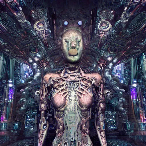 Prompt: cybernetic demon dreaming with its networked mind, lsd, circuitry, intricate detail, royo, whealan, giger, klimt, hd, octane render, unreal engine,