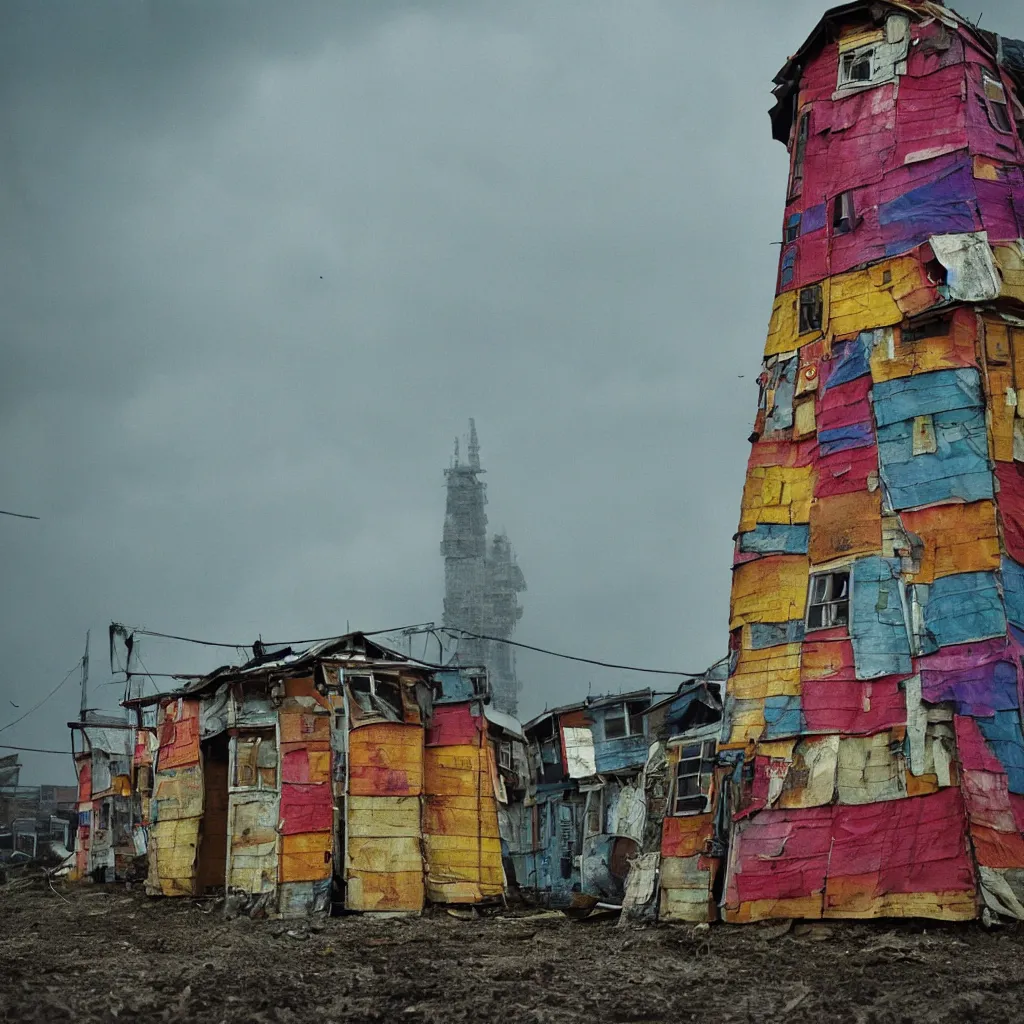 Image similar to close - up view of a tower made up of colourful makeshift squatter shacks, bleached colours, moody cloudy sky, dystopia, mamiya, f 1 1, very detailed, photographed by bruno barbey