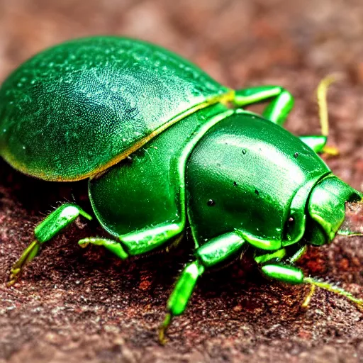 Prompt: green beetle with snail home, photorealistic, close - up