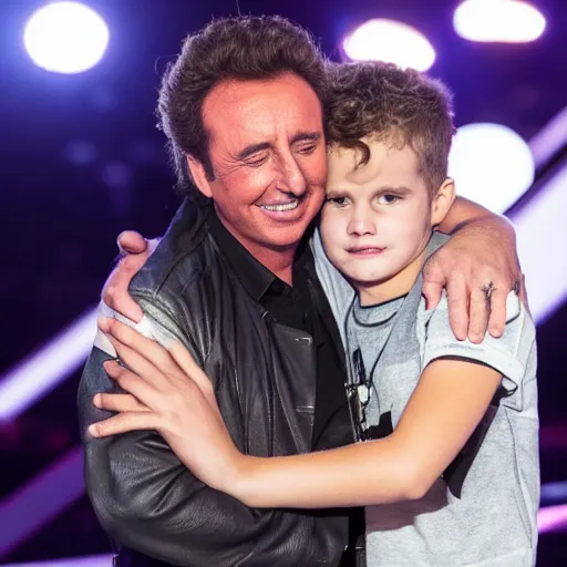 Image similar to marco borsato hugging young star on stage at the voice