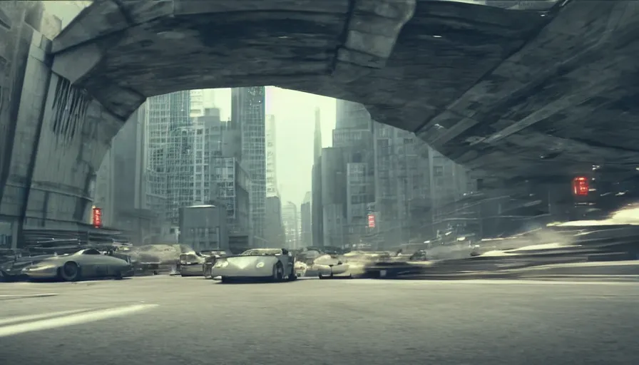 Prompt: Cinemascope. Motion blur Sci-fi car chase inside a city with brutalism architecture. film still by Denis Villeneuve