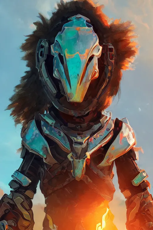 Image similar to combination suit armor aloy horizon forbidden west horizon zero dawn radiating a glowing aura global illumination ray tracing hdr fanart arstation by ian pesty and alena aenami artworks in 4 k tribal robot ninja mask helmet backpack