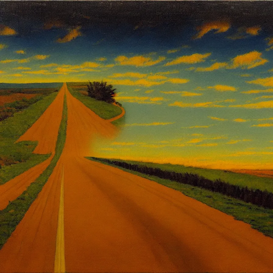 Prompt: artwork about a road towards the horizon, by max svabinsky. atmospheric ambiance. depth of field and tridimensional perspective. lighthearted mood.