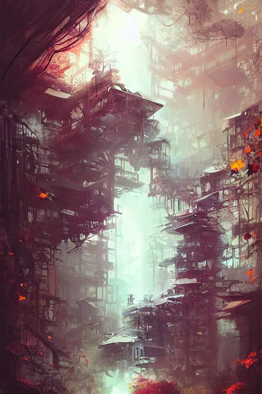 Image similar to (((((a ramshackle Manhattan brick brownstone deep in the forest))))) by Wenjun Lin!!!!!!!!!!!!!!!!!!!!!!!!!!!