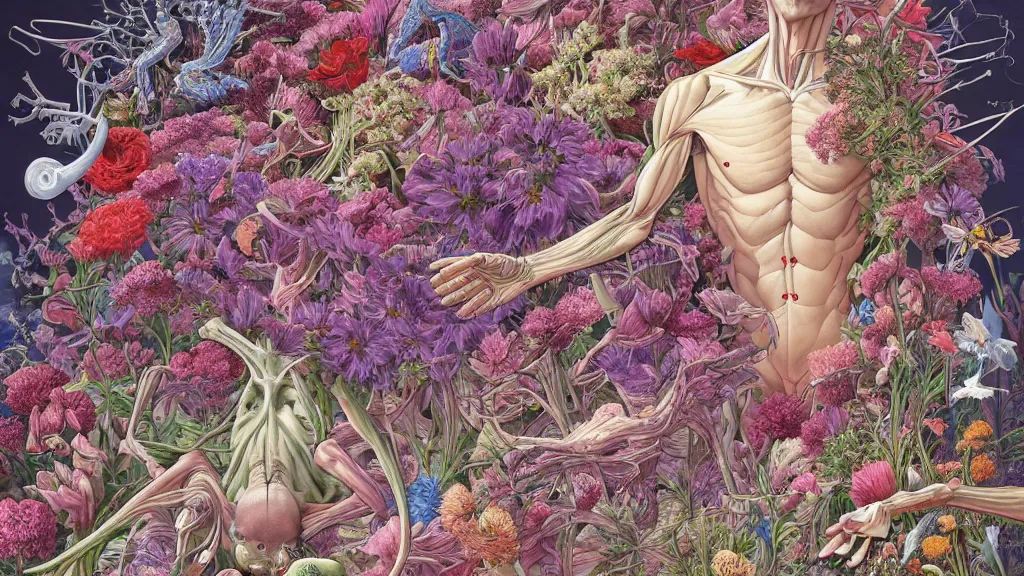 Image similar to highly detailed illustration of a human anatomy body exploded by all the known species of flowers by juan gatti, by makoto shinkai, by moebius!, by oliver vernon, by joseph moncada, by damon soule, by manabu ikeda, by kyle hotz, by dan mumford, by kilian eng