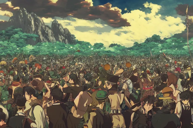 Image similar to cell shaded anime key visual of a fantasy battlefield, crowds of people, magic spells, in the style of studio ghibli, moebius, makoto shinkai, dramatic lighting