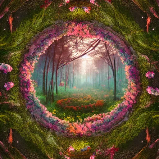 Prompt: a painting of a forest with flowers inside a circle, digital art by mike winkelmann, shutterstock contest winner, fantasy art, mystical, reimagined by industrial light and magic, enchanting