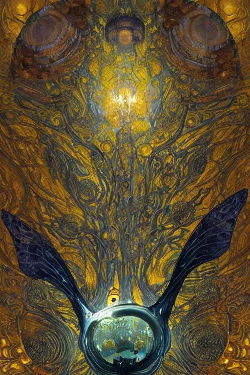 Image similar to The Ghost Lure by Karol Bak, Jean Deville, Gustav Klimt, and Vincent Van Gogh, mystic eye, otherworldly, ornate glowing lantern, radiant halo, shafts of light, shadowy ghost moths, moths, moth silhouettes, ghost whirlwind, tears, crying, fractal structures, arcane, inferno, inscribed runes, infernal relics, ornate gilded medieval icon, third eye, spirals