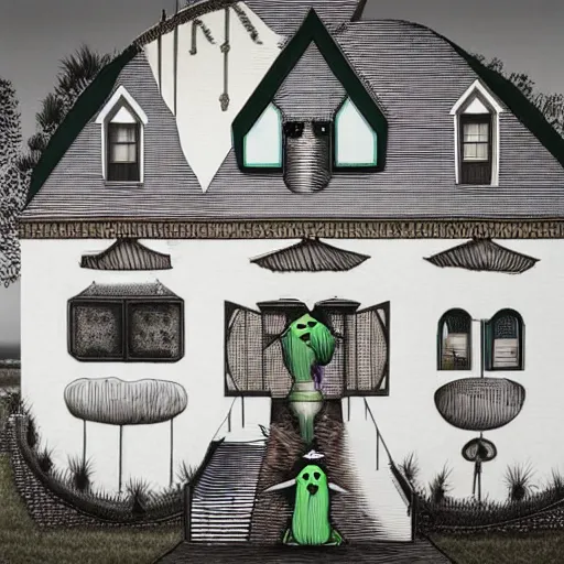 Image similar to anamorphic birds walking past a house, lowbrow surrealistic, in the style of Mark Ryden,