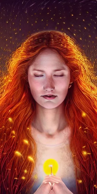 Image similar to infp young woman, smiling amazed, golden fireflies lights, sitting in the midst of nature fully covered, long loose red hair, intricate linework, bright accurate green eyes, small nose with freckles, oval shape face, realistic, expressive emotions, dramatic lights spiritual scene, hyper realistic ultrafine art by michael cheval, jessica rossier, boris vallejo