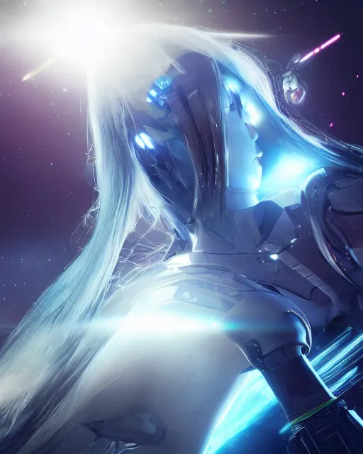 Image similar to photo of a android girl on a mothership, warframe armor, beautiful face, scifi, nebula, futuristic background, galaxy raytracing, dreamy, sparks of light, long white hair, blue cyborg eyes, glowing, 8 k high definition, insanely detailed, intricate, innocent, art by akihiko yoshida, antilous chao, li zixin, woo kim