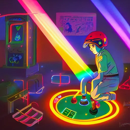 Image similar to a magic gaming machine connected to a boy with a helmet and electric cable with colorfull rays of light illuminate the environment by vanessa morales, studio ghibli,