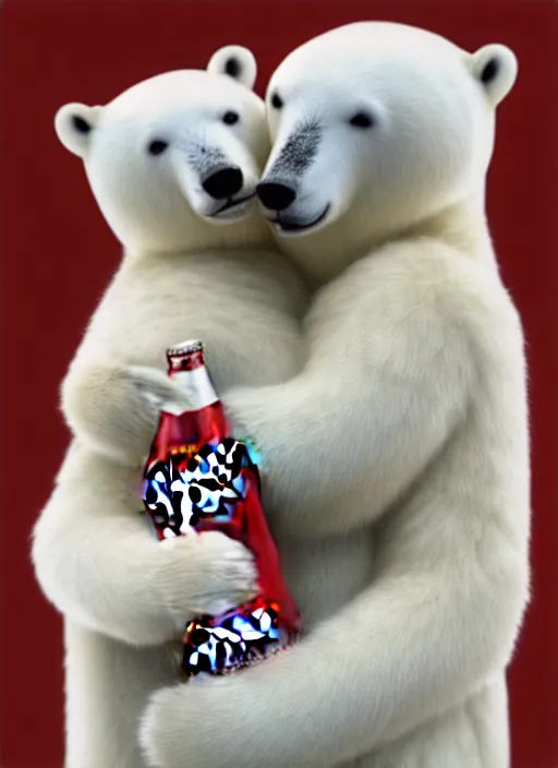 Prompt: polar bear hugging an eskimo while drinking a coca cola 8 k masterpiece