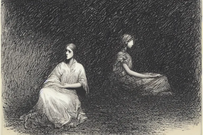 Image similar to black and white, young french woman sitting in the park at midnight, Gustave Dore lithography