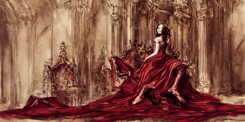 Prompt: epic, cinematic, leading lines, low angle, a 1 7 th century beautiful queen, sitting on the throne, symmetry, baroque interior, shiny marble floor, ornate dark red opulent clothing, scifi, futuristic, optimistic, concept art, watercolor, expressive, impressionism,