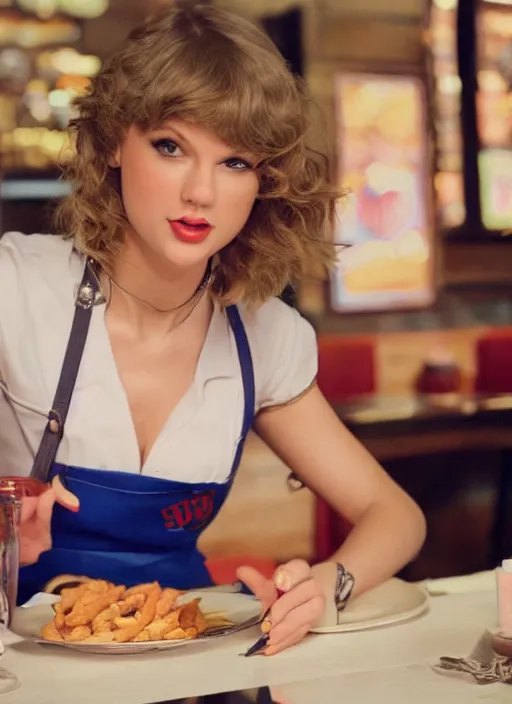 Image similar to a close - up, color cinema film still of a taylor swift as a waitress at hooters, cinematic lighting at night.