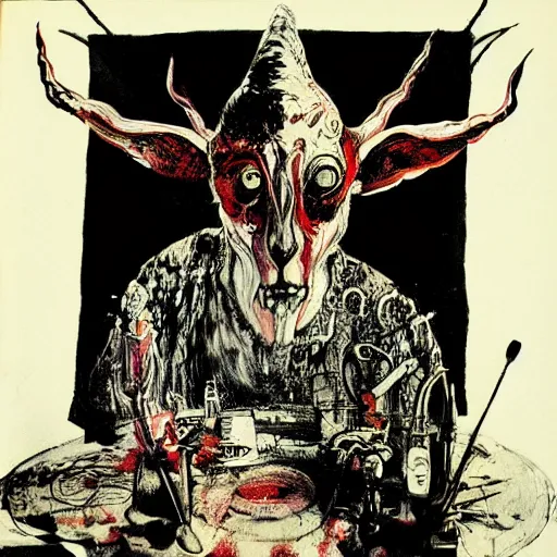 Prompt: Graphic Illustration, Creative Design, Baphomet, Biopunk, Body horror, by Ralph Steadman, Francis Bacon, Hunter S Thompson