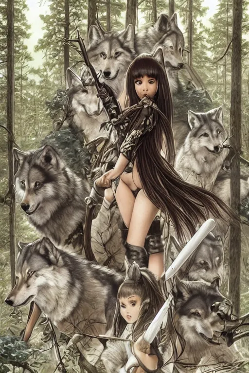 Prompt: Ariana Grande leading an army of wolves through the forest with her singing, manga, highly detailed, beauty, art by Takehiko Inoue, Artgerm, intricate, elegant, J. C. Leyendecker, wielding a katana