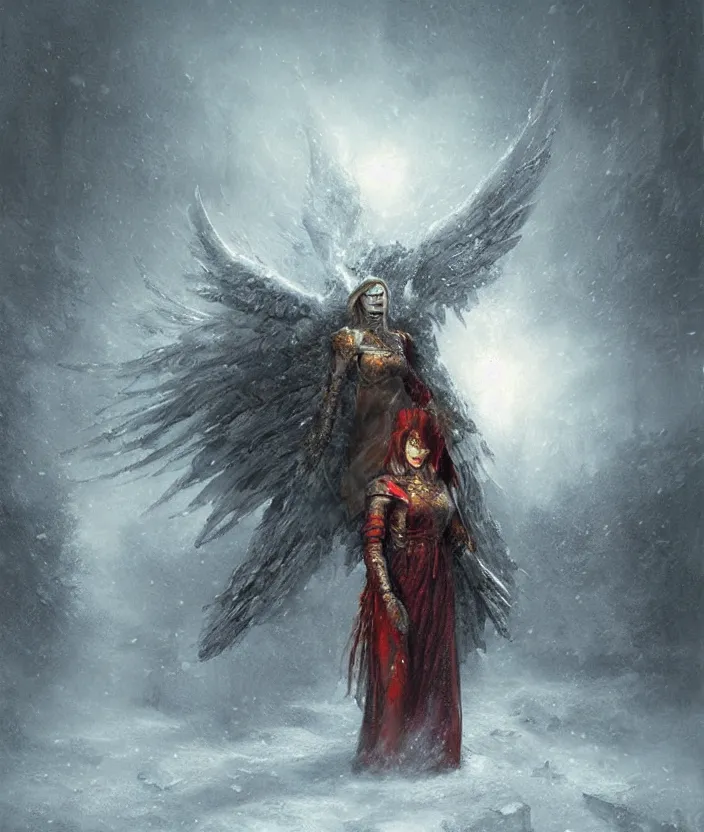 Prompt: armored angel warrior in a snowstorm, mysterious, fantasy artwork, warm colors, by seb mckinnon