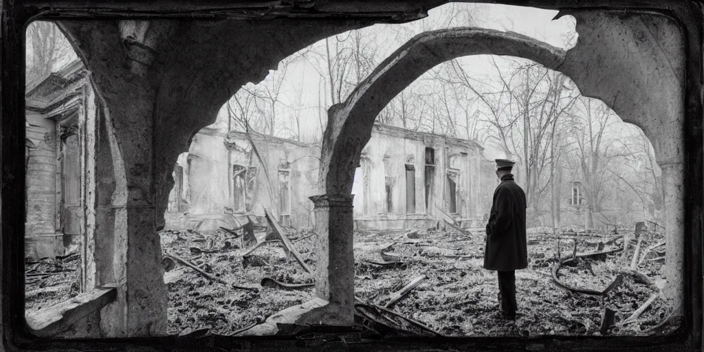 Prompt: detailed analog medium format photo made by tarkovsky, polaroid photo of a man in army trenchcoat standing outside old gothic abandoned villa in country while it is burning in flames, high production value, intricate details, 8 k resolution, hyperrealistic, hdr, photorealistic, high definition, tehnicolor, award - winning photography, masterpiece, amazing colors,
