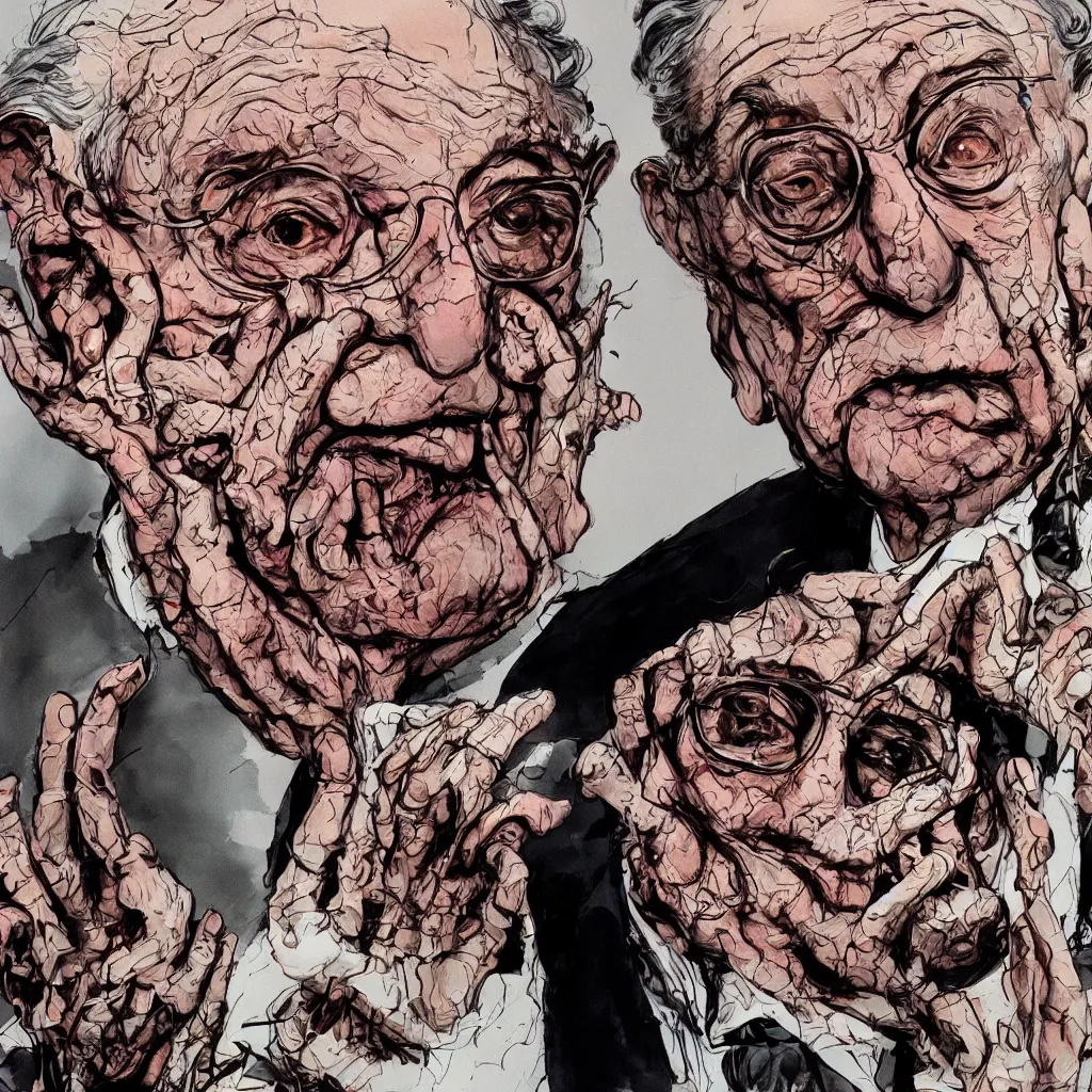 Image similar to George Soros by Ralph Steadman, illustration, body horror, biopunk, 8k , trending on artstation