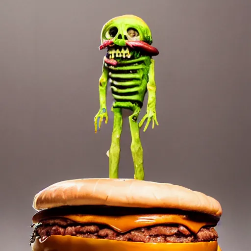 Image similar to a humanoid bipedal upright zombie that strongly resembles a hamburger, professional food photography