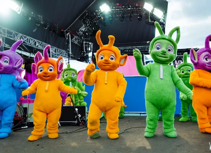 Image similar to photo still the teletubbies on stage at the vans warped tour!!!!!!!! at age 3 6 years old 3 6 years of age!!!!!!!! playing weird instruments, 8 k, 8 5 mm f 1. 8, studio lighting, rim light, right side key light