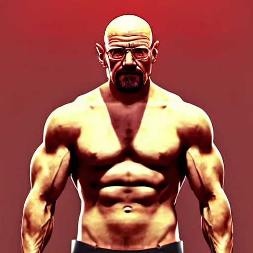 Prompt: muscular walter white coming out of a red mist, epic, trending on artstation, profile pic, centered, accurate anatomy, highly detailed, digital art,
