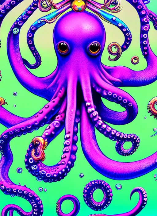 Image similar to beautiful underwater octopus sailormoon demon rainbow accents bio mechanical female symmetry by HR Giger, By Lisa Frank, Highly Detailed trending on artstation 8K