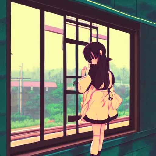 Image similar to girl, train window, rainy day, anime, japan, ghibli, 9 0 s, retro style, aesthetic, chill, room