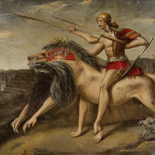 Prompt: a victorious roman gladiator in the arena one feet on top of a defeated lion