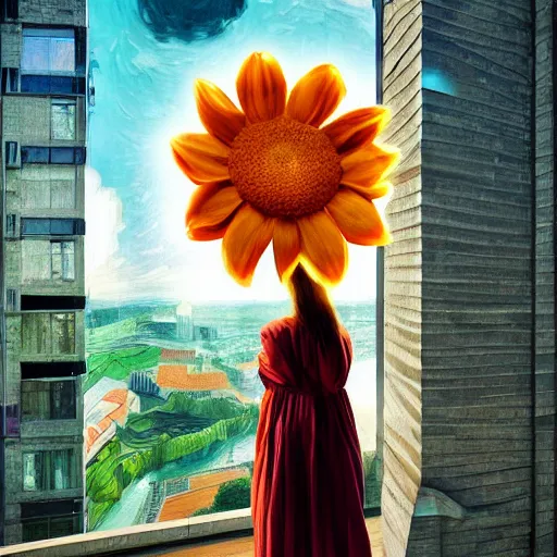 Image similar to giant flower under head, woman next to modern windows, luxury apartment, surreal photography, dramatic light, impressionist painting, digital painting, artstation, van gogh