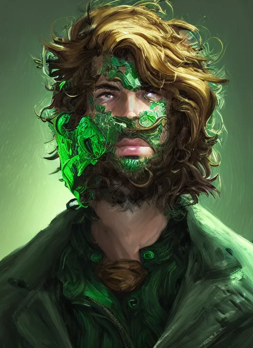 Image similar to a highly detailed illustration of young thick wavy messy haired guy wearing green face mask and brown noir coat, dramatic bored expression, intricate, elegant, highly detailed, centered, digital painting, artstation, concept art, smooth, sharp focus, league of legends concept art, wlop