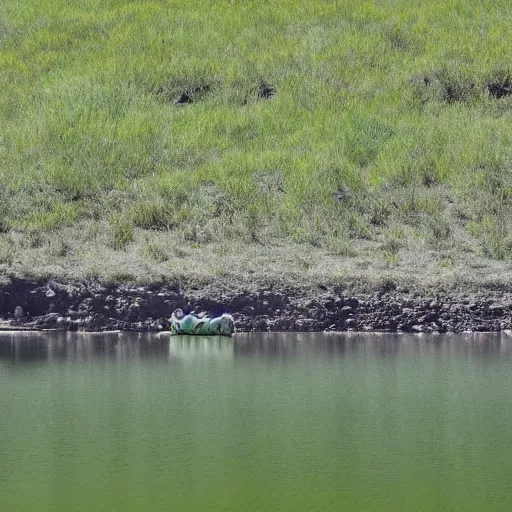 Image similar to Musty lake, single human figure floating in distance