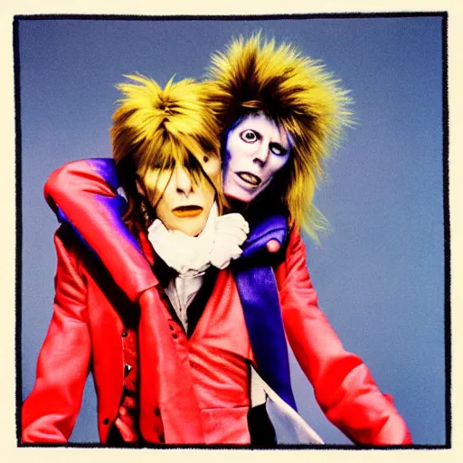 Image similar to david bowie from labyrinth giving a piggy back ride to ziggy stardust. glam rock. by andy warhol