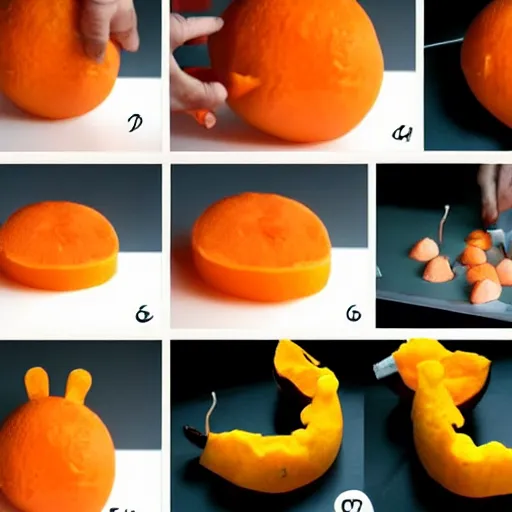 Prompt: making of an edible giraffe from an orange in 4 steps, each step is a progression from the last, starting from a whole orange, the beautiful'how to make food art step by step collection ', dslr