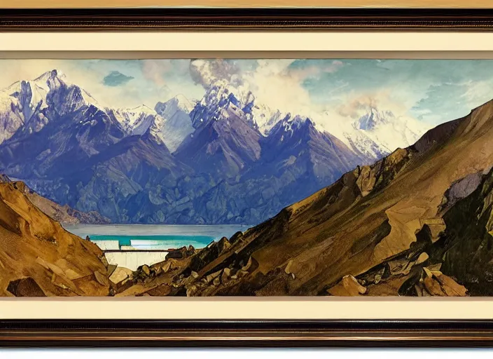 Prompt: a copic maker illustration of the andes mountain range in santiago de chile framed by a train window by john berkey norman rockwell and giorgio de chirico