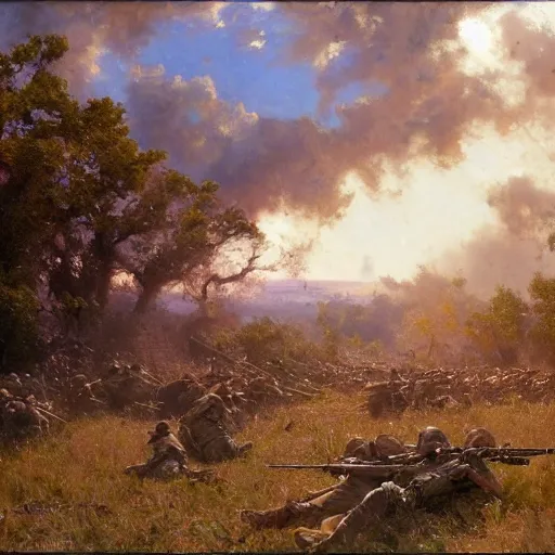 Prompt: detailed cinematic wide shot of world war 2 battle, ultra realistic, spring light, painting by gaston bussiere, craig mullins, j. c. leyendecker