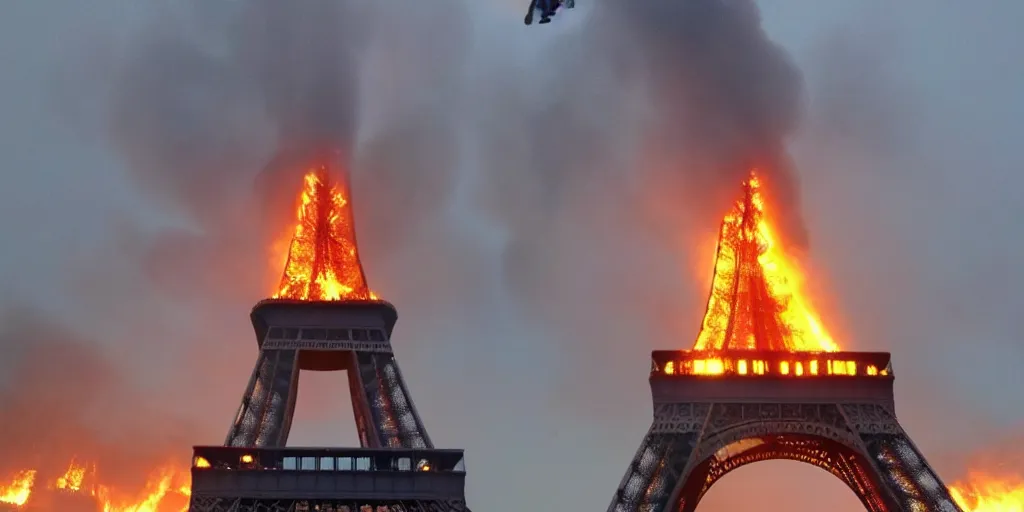 Prompt: eiffel tower is burning, realistic footage, natural lighting, gilet jaunes, realistic, bfmtv, tf 1