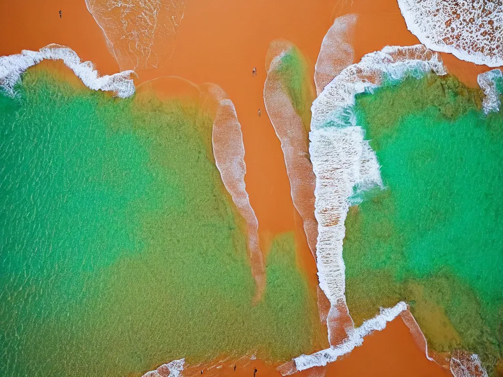 Image similar to mcdonalds, red sand beach, green ocean, nebula sunset