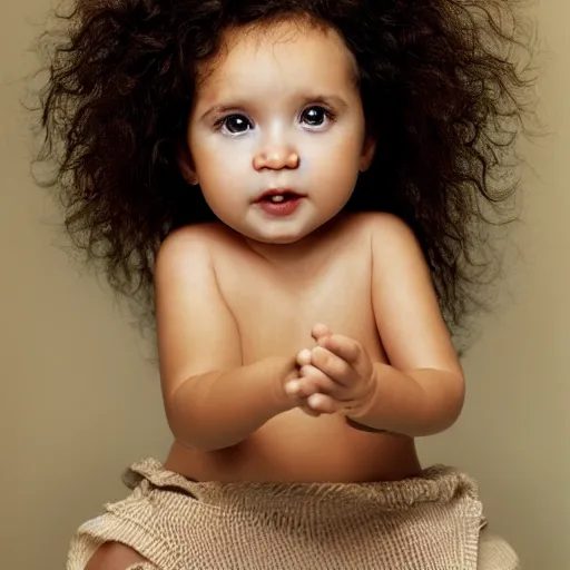 Image similar to a close up portrait of a cute baby with brown eyes and long brown curly hair, award winning photography, ultra high detail, hd, 8k, by Martin Schoeller