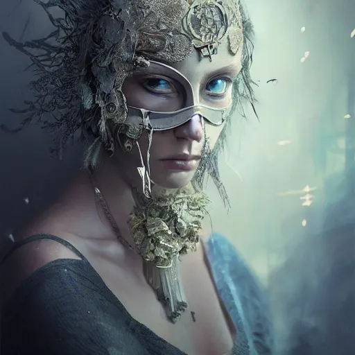 Image similar to Very very very very highly detailed epic central composition studio photography of face with venetian mask, intricate, dystopian, sci-fi, extremely detailed, digital painting, artstation, concept art, smooth, sharp focus, illustration, intimidating lighting, incredible art by Brooke Shaden