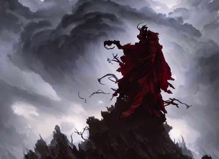 Prompt: a photorealistic shadow demon appears in the storm clouds above, hellish forest of death landscape at night, rule of thirds, digital painting by sargent and leyendecker, fantasy, medium shot, intricate, matte painting, crimson gradient, dynamic lighting, by greg rutkowski and greg tocchini and james gilleard and joe fenton and greg manchess